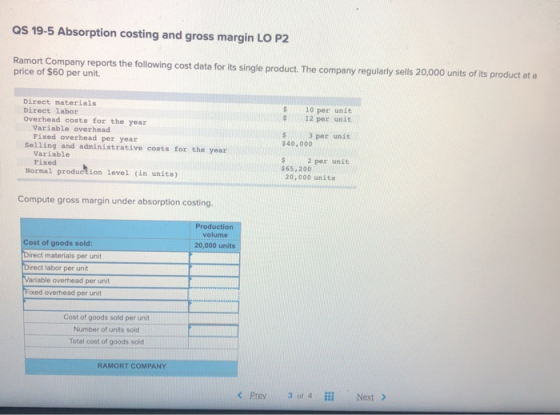 QS 19-5 Absorption costing and gross margin LO P2 Ramort Company reports the following cost data for its single product. The