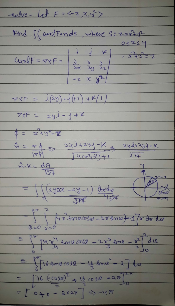 solve - Let F = {-2x, y²> Find ff curd Fonds whese siz=xty oszły T į z CurlF=7XF= sx sy dz 1 Z XXF = i (24) - j (+1) +K(1) X