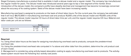 Siegel Company manufactures a product that is available in both a deluxe model and a regular model. The company has manufactu