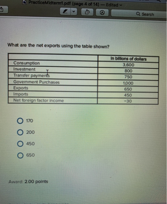 PracticeMidterm.pdf (page 4 of 14) - Edited Q Search What are the net exports using the table shown? Consumption Investment T