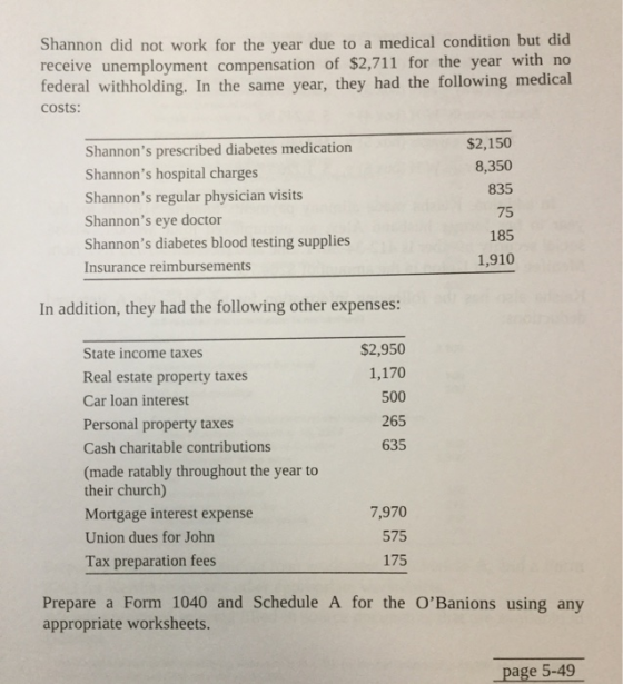 Shannon did not work for the year due to a medical condition but did receive unemployment compensation of $2,711 for the year with no federal withholding. In the same year, they had the following medical costs: Shannons prescribed diabetes medication Shannons hospital charges Shannons regular physician visits Shannons eye doctor Shannons diabetes blood testing supplies Insurance reimbursements $2,150 8,350 835 75 185 1,910 In addition, they had the following other expenses: $2,950 1,170 500 265 635 State income taxes Real estate property taxes Car loan interest Personal property taxes Cash charitable contributions (made ratably throughout the year to their church) Mortgage interest expense Union dues for John Tax preparation fees 7,970 575 175 Prepare a Form 1040 and Schedule A for the OBanions using any appropriate worksheets. page 5-49