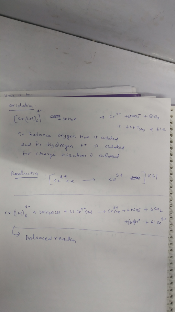 oxidatia: [cr(en) ] a 30h6o Cr3+ +ENO5 +6602 + 6Ohtlan tole e To balance oxygen Hgo is added and for Hydrogen tt is added for