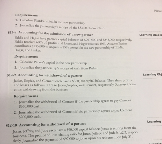 Partne Requirements 1. Calculate Pilards capital in the new partnership. 2. Journalize the partnerships receipt of the $53,