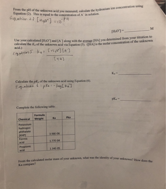ou measured, calculate the hydronium ion concentration using From the pH of the unknown acid you measured, calculate them Equ