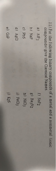 11) For the following binary compounds of a metal and a nonmetal lionic compounds) give the Classical Names. a) AlF3 b) Na c) Pbs d) AgCI e) CoP f) SnF2 g) Ba3N2 h) NiCl3 i) FeCl3 j) K2s