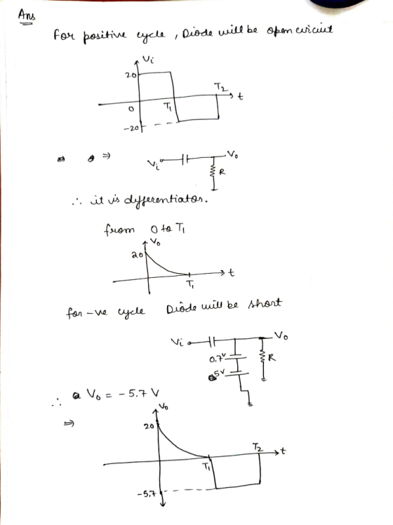 Ans for positive cycle, Diode will be open evicunt 20 Tz st 0 Ті -20 R .: it is differentiatos. from oto Ti ao →t T, for -ve