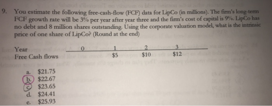 9. You estimate the following free-cash-flow (FCF) data for LipCo (in millions). The firms long-term FCF growth rate will be