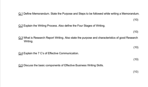 Q.1 Define Memorandum. State the Purpose and Steps to be followed while writing a Memorandum. (10) Q.2 Explain the Writing Pr