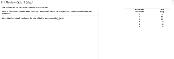 8.1 Review Quiz 3 (algo) The table shows the Gabrielles total utility from manicures. What is Gabrielles total utility when