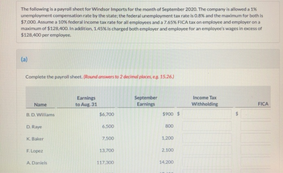 The following is a payroll sheet for Windsor Imports for the month of September 2020. The company is allowed a 1% unemploymen