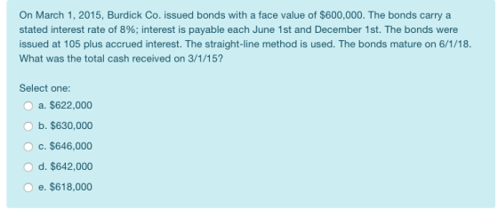 On March 1, 2015, Burdick Co. issued bonds with a face value of $600,000. The bonds carry a stated interest rate of 8%; inter