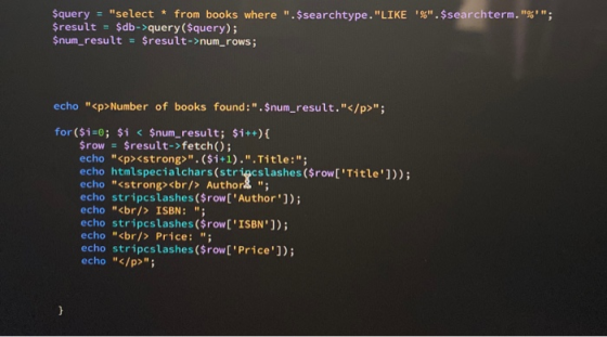 ; $query = select * from books where .$searchtype. LIKE %. $searchterm. $result = $db->query($query); $num_result = $r