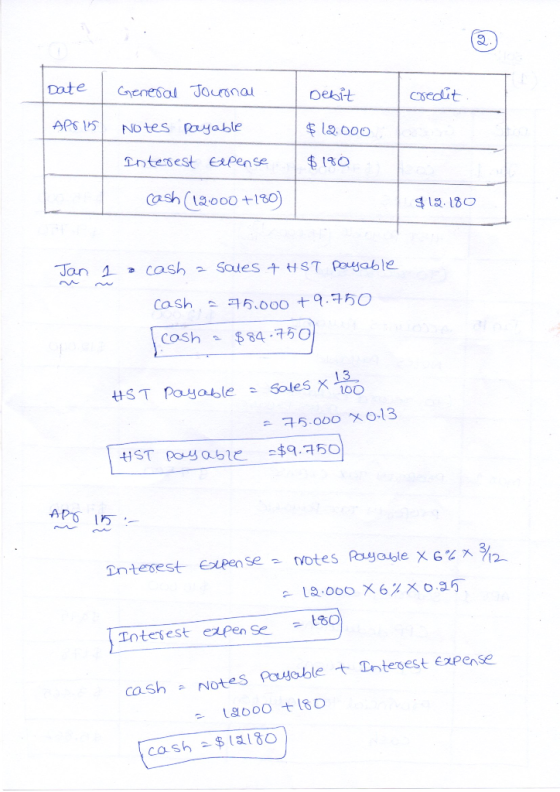 Date General Journal Debit credit. Apri5 Notes payable $19.000 Interest Expense $180 cash (12.000 +180) $12.180 Jan 1 o cash