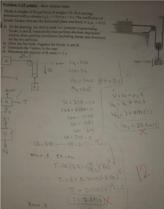 Prob Block A weighs 10 lb and block B weighs 3 1b. B is moving downward with a vclocity ( 3 fis at t- 0s. The coefficient of