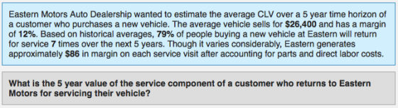 Eastern Motors Auto Dealership wanted to estimate the average CLV over a 5 year time horizon of a customer who purchases a new vehicle. The average vehicle sells for $26,400 and has a margin of 12%. Based on historical averages, 79% of people buying a new vehicle at Eastern will return for service 7 times over the next 5 years. Though it varies considerably, Eastern generates approximately $86 in margin on each service visit after accounting for parts and direct labor costs. What is the 5 year value of the service component of a customer who returns to Eastern Motors for servicing their vehicle?