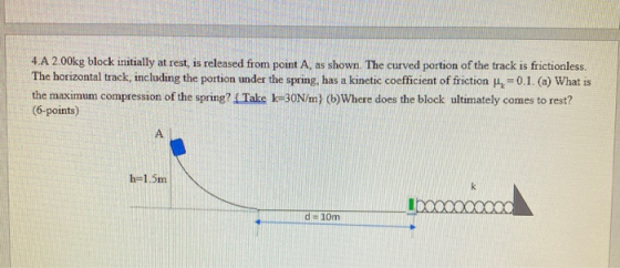 4.A 2.00kg block initially at rest is released from point A, as shown. The curved portion of the track is frictionless The ho