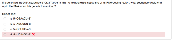 If a gene had the DNA sequence 5-GCTTGA-3 in the nontemplate (sense) strand of its RNA-coding region, what sequence would end up in the RNA when this gene is transcribed? Select one: a. 5-CGAACU-3 b. 5-AGUUCG-3 c. 5-GCUUGA-3 d. 5-UCAAGC-3 X