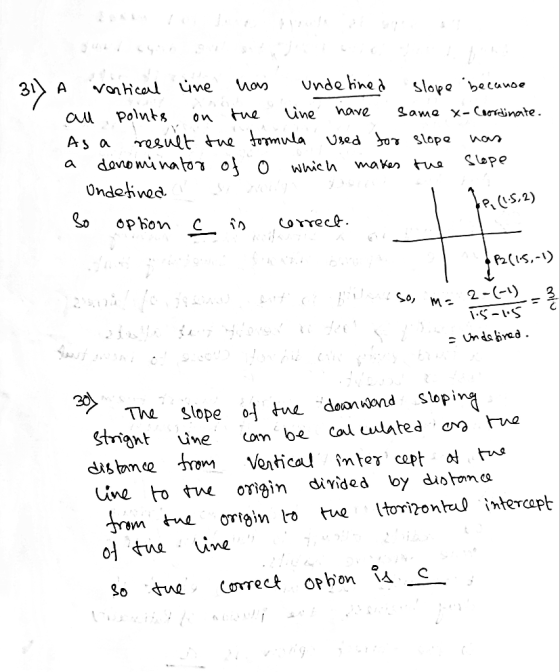 31) A vertical line has undefined slope because al points on the line have same x-Coordinate. As a result the formula used fo