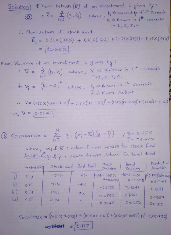 Solution) Mean Return (R) of an investment is given by : • R = 2 (P; . R;) where, b, a probability of ith Scenario R; =) Retu