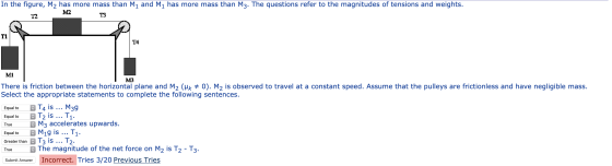 In the figure, M2 has more mass than My and M1 has more mass than M3. The questions refer to the magnitudes of tensions and w