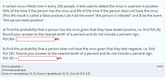 A certain virus infects one in every 200 people. A test used to detect the virus in a person is positive 90% of the time if t