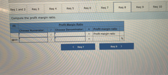 Req 1 and 2 Req3 Re4 Req 5 Req 6 Req 8 Req 9 Req 10 Compute the profit margin ratio. Profit Margin Ratio Choose Numerator: I