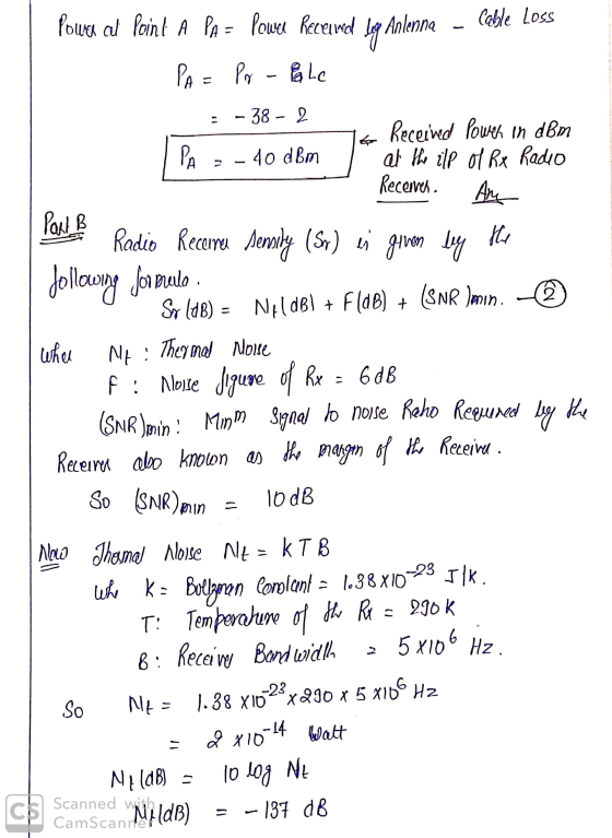 Power at Point A PA = Pouce Receumet Log Anlenne Cable Loss PA = Pr Pr - Pale : - 38 - 2 6 Received Power in dem - 40 dBm at