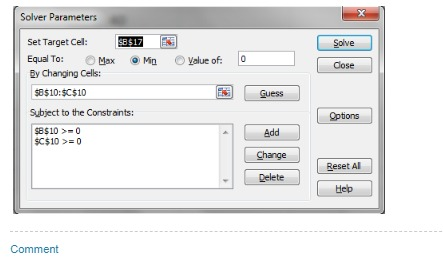 Solver Parameters Set Target Cel: 17 Equal To: Mn Value of: 0 Ey Changing Cells: Solve Cose Guess 8510:$C$10 Subject to the C