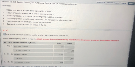 Expense, No. 631 Supplies Expense, No. 718 Interest Expense, and No. 722 insurance Expense. CALCULATON PONTEVENSON EN Other d