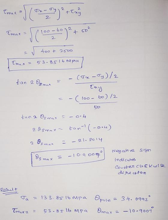 Tmax JA - Oy)2 +tang ( 100 - 60 ) ² 2 Tmax = + 50² 400 t 2500 Tmax 53.8516 mpa tan 2 Og mat con- Jy)/2 Emy -(100- 60)/2 50 ta