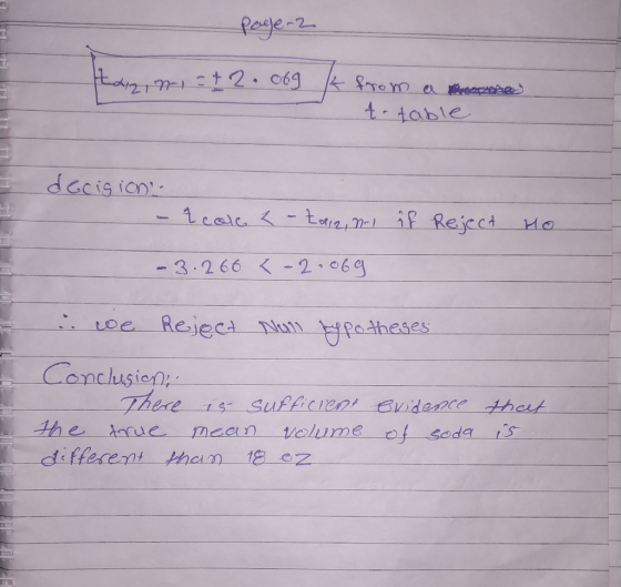 Page 2 hazin-1 - +2.org from a correre) t-table decision - 1 cole a - taia, n-1 if reject Ho -3. 260 <-2.06g we Reject Null r