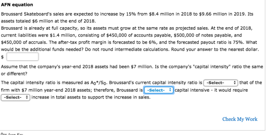 AFN equation Broussard Skateboards sales are expected to increase by 15% from $8.4 million in 2018 to $9.66 million in 2019.