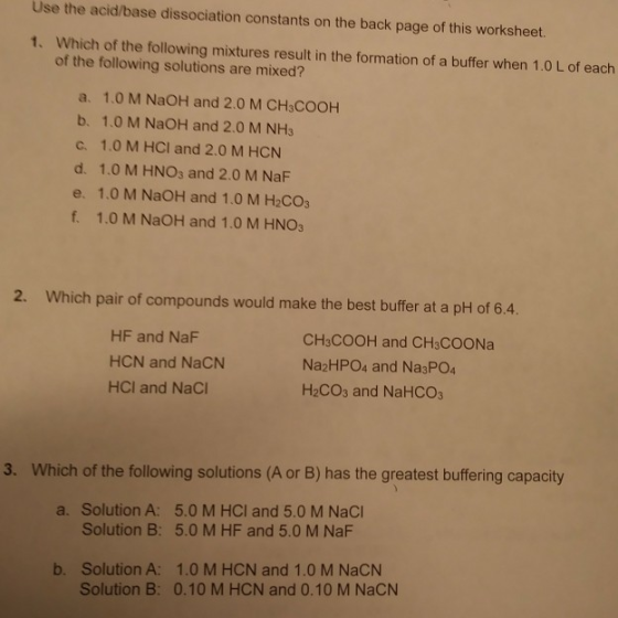 Use the acid/base dissociation constants on the back page of this worksheet Which of the following mixtures result in the for