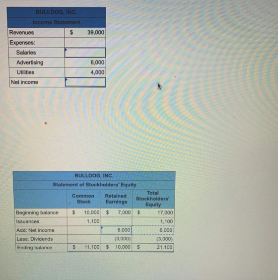 39,000 BULLDOG, INC. Income Statement Revenues Expenses: Salaries Advertising Utilities Net income 6,000 4,000 BULLDOG, INC.