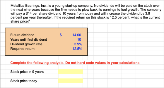 Metallica Bearings, Inc., is a young start-up company. No dividends will be paid on the stock over the next nine years becaus