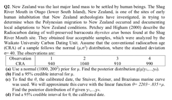 Q2. New Zealand was the last major land mass to be settled by human beings. The Shag River Mouth in Otago (lower South Island), New Zealand, is one of the sites of early human inhabitation that New Zealand archeologists have investigated, in trying to determine when the Polynesian migration to New Zealand occurred and documenting local adaptations to New Zealand conditions. Petchey and Higham (2000) describe the Radiocarbon dating of well-preserved barracouta thyrsites atun bones found at the Shag River Mouth site. They obtained four acceptable samples, which were analyzed by the Waikato University Carbon Dating Unit. Assume that the conventional radiocarbon age (CRA) of a sample follows the normal (?.?.) distribution, where the standard deviation o- 40. The observations are: Observation 4 990 CRA 940 1040 910 (a) Use a normal ( 1000, 2009 prior for ?. Find the posterior distribution g(H?yi, J1). (b) Find a 95% credible interval for (c) To find the ?, the calibrated date, the Stuiver, Reimer, and Braziunas marine curve was used. We will approximate this curve with the linear function 0-2203-.835xu Find the posterior distribution of 0 given y?...y4. (d) Find a 95% credible interval for 0, the calibrated date