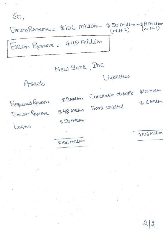 So, ExcenReaenvR = $l06 miuton- $50 milon-$ miujor (NNI (W.N-2) Excen Reaerve $48 milion New Bank Thc A sseta Liabluties Chec