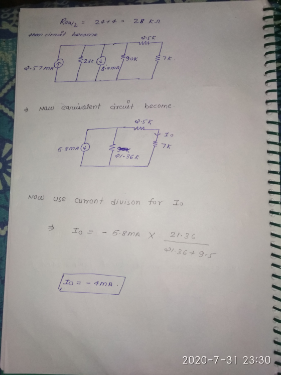 28 kr Rear2 = 24+4 = thon circuit become 8.5K Ş90K 7K. 52m {28k 1 Tsiamal 8.57MA Naw equivalent circuit become. 8.5K V Io 7K