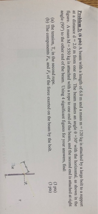 Problem 3: (6 pts) A beam with a length of 6.0 m and a mass m-120 kg is attached by a large bolt to a support at a distance d