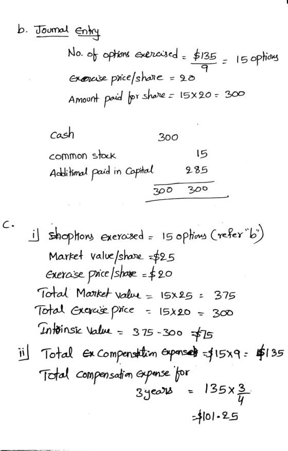 b. Journal Entry No. of options exercised = $135 - 15 options Erecise price/share = 20 Amount paid for share = 15x20 - 300 9
