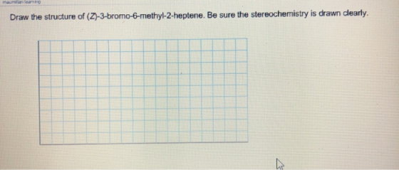 Draw the structure of (Z)-3-bromo-6-methyl-2-heptene. Be sure the stereochemistry is drawn clearly.