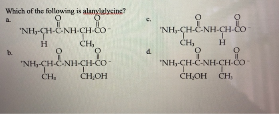 a. C. CH-CNH Which of the following is alanylglycine? O O *NH-CH-C-NH-CH-CO H CH, b. о NH-CH-C-NH-CH-CO- CH CH,OH d. NH-CH-C-
