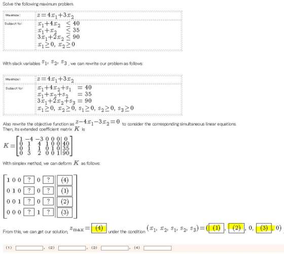 Maximize : Solve the following maximum problem. 2=4.01+332 561 +439 < 40 C1+02 <35 3.1 +202 < 90 361 > 0, $20 Subject to: Wit