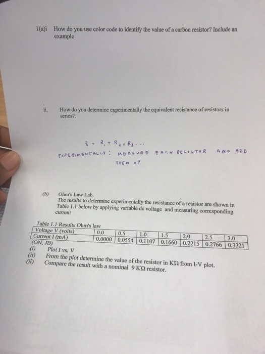 1(aji How do you use color code to identify the value of a carbon resistor? Include an example ii. How do you determine experimentally the equivalent resistance of resistors in series?. Ohms Law Lab. The results to determine experimentally the resistance of a resistor are shown in Table 1.1 below by applying variable de voltage and measuring corresponding current (b) Table 1.1 Results Ohms law Voltage V (volts) 0.0 0.5 1.0 1.5 12.0 2.5 3.0 Current I(mA) (ON, JB) 0.0000 | 0.0554 | 0.1107 | 0.1660 | 0.2215ー.2766 ] 0.3321 (i) Plot I vs. V Gi) (ii) From the plot determine the value of the resistor in K2 from I-V plot. Compare the result with a nominal 9 K2 resistor.