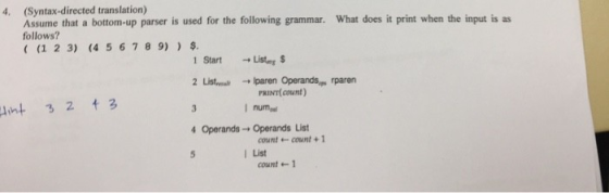 - 4. (Syntax-directed translation) Assume that a bottom-up parser is used for the following grammar. What does it print when