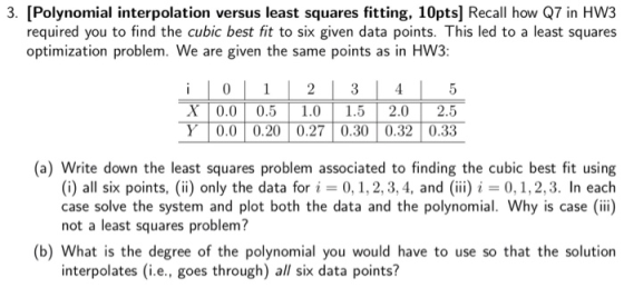 3. [Polynomial interpolation versus least squares fitting, 10pts] Recall how Q7 in HW3 required you to find the cubic best fi
