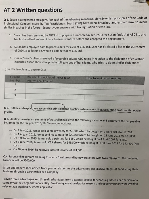 AT 2 Written questions Q1. Susan is a registered tax agent. For each of the followinR scenarios, identify which principles of