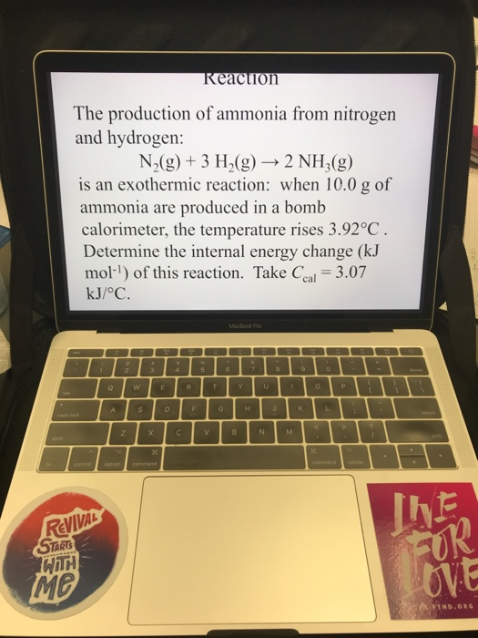 The production of ammonia from nitrogen and hydrogen: N2(g) 3 H2gNH3(g) is an exothermic reaction: when 10.0 g of ammonia are produced in a bomb calorimeter, the temperature rises 3.92°C Determine the internal energy change (kJ mol-1) of this reaction. Take Ceal 3.07 kJ/oC h.s TARIS WTH THD.OR