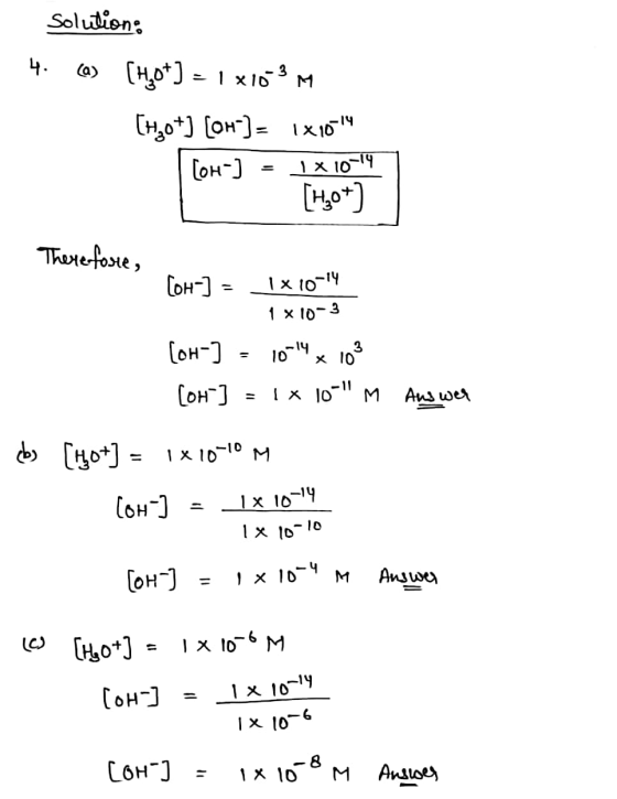 Solutions ч. а) (но*) = 1 х 10 м Сно+) (он)= 1x1019 Гон-) [но*) 1x 10-19 Therefore, Сон-] = 1x 10-14 1 х 10-3 10-19 x 10 [он-