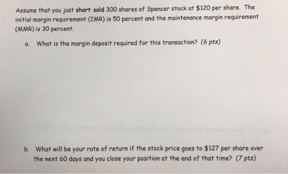 Assume that you just short sold 300 shares of Spencer stock at $120 per share. The initial margin requirement (IMR) is 50 per